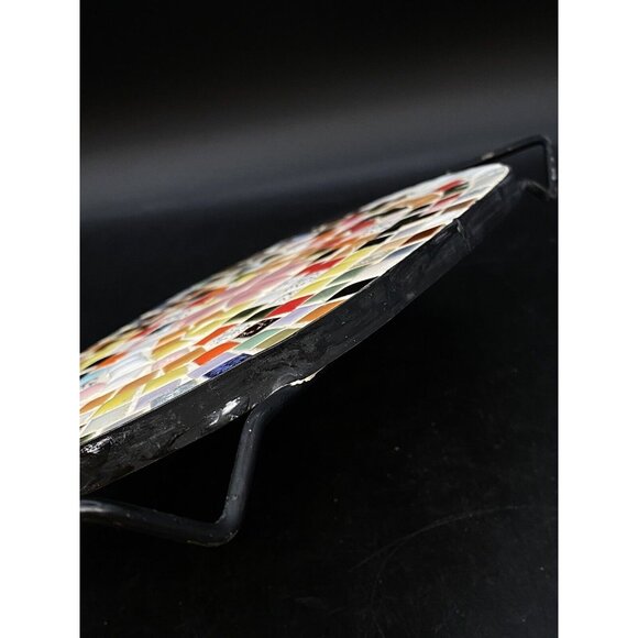 Mid Century Mosaic Tile Oval Trivet Multicolor Pink Hearts Black Metal Handles - Picture 7 of 14
